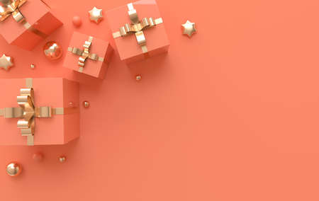 3d render illustration with pastel colored and golden balls, stars, gift box. Present, gift concept. Flat lay, top view. Empty space for party, birthday, xmas, promotion social media banners, posters.の写真素材