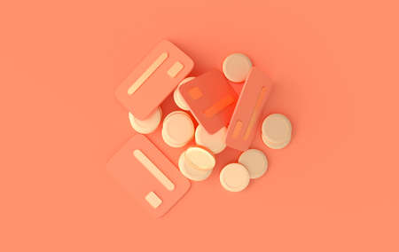 Stack of golden coins, credit cards 3d rendering. Earning profit, money saving, online payment conceptの写真素材