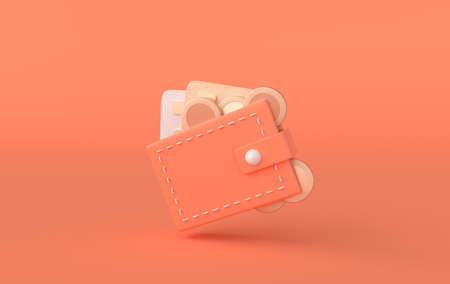 Wallet, coins and credit cards 3d rendering. Online payment and money saving concept. Pastel colorsの写真素材