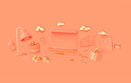 Laptop, lamp, shopping cart and bag, coffee and present box, stack of coins, credit cards 3d rendering. Remote work, freelance, lockdown, online shopping and delivery concept.の写真素材