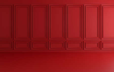 Classic interior walls with copy space. Walls with ornate moldings panels and wooden floor, classic cornice. floor parquet. 3d rendering digital interior mock up Illustration. Red colorsの写真素材