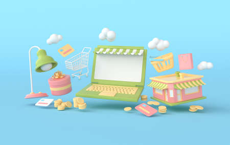 Laptop, shopping basket, cart, coins, credit cards, shop and present box. Online shopping concept. 3d renderingの写真素材