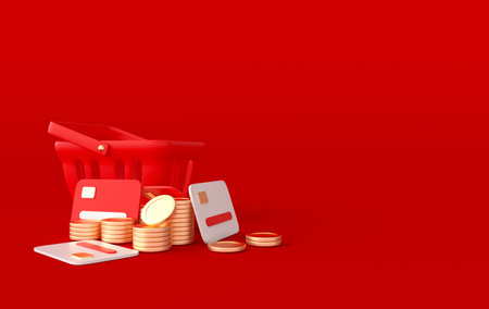 Shopping basket, credit cards and golden coins. Cashback, promo, sale concept. 3d rendering