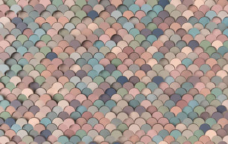 Mermaid fish, dragon scales, reptile skin, wave 3d rendering. Ceramic tile. 3d wall texture, roof tiles. Pastel colored adstract background for interior designの写真素材