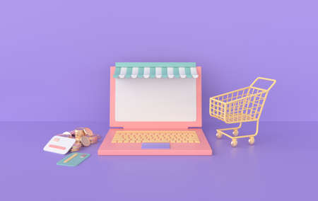 Laptop, shopping cart and stack of coins, credit cards 3d rendering. Online shopping and delivery concept.の写真素材