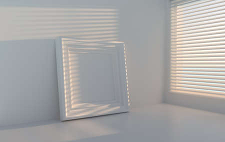 3d rendering of the room corner wall and window with blinds, empty frame, shadow. Kitchen or...
