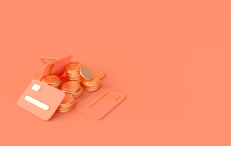 Stack of golden coins, credit cards 3d rendering. Earning profit, money saving, online payment...