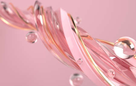 Abstract pink and golden twisted geometric shapes, waves. Modern background 3d renderingの写真素材