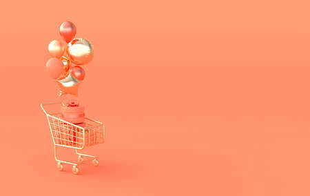 Shopping cart with present box and colorful balloons. 3d renderingの写真素材