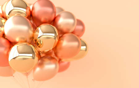 A bunch of glossy golden balloons. Empty space for birthday, party, promotion social media banners, posters. 3d render balloons backgroundの写真素材