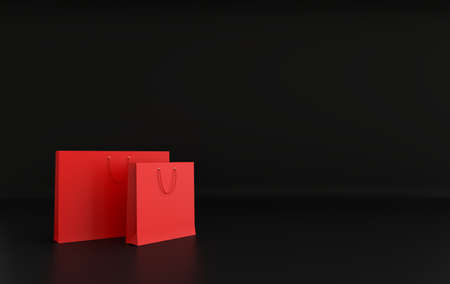 3D render illustration. Set of red paper shopping bags on black background. Concept of commercial business retail sale and online shoppingの写真素材