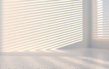 3d rendering of the room corner wall and window with blinds, shadow. Kitchen or bathroom interior...