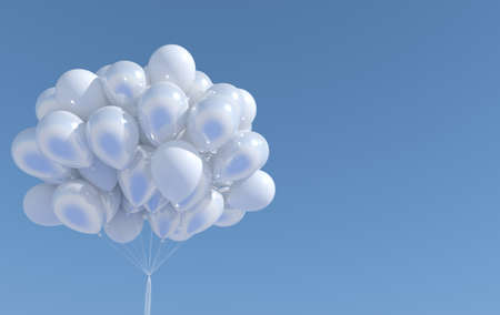 A bunch of white balloons and sky. Empty space for birthday, party, promotion social media banners, posters. 3d render balloons backgroundの写真素材