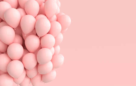 A bunch of pink balloons on a pink background. Empty space for birthday, party, promotion social media banners, posters. 3d render balloonsの写真素材