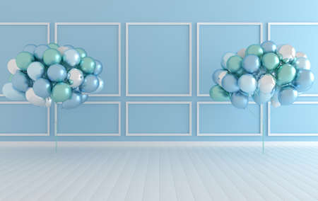 Classic interior walls with a bunch of balloons. Walls with moldings panels, wooden floor, classic cornice. floor parquet. 3d rendering digital interior mock up Illustration. blue and white colorsの写真素材