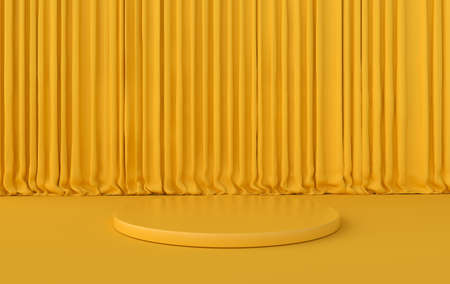 3d rendered interior with geometric shapes, podium on the floor, curtains. Platforms for product presentation, mock up background.の写真素材
