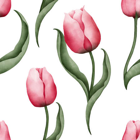 Watercolor pink tulips seamless pattern. International women's day, spring card, print or background.の写真素材