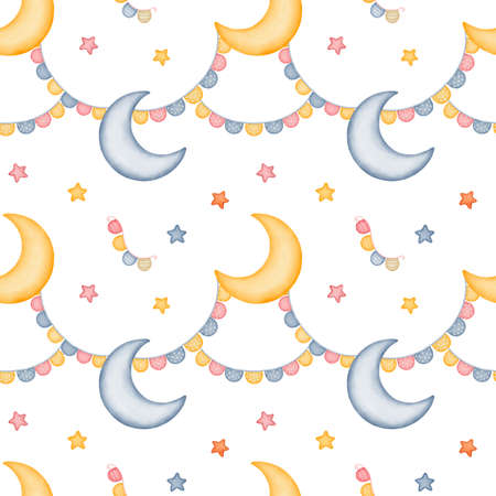 Watercolor colorful moon and stars, flag garland seamless pattern, childish background for textile, nursery. Pink, blue, yellow on whiteの写真素材