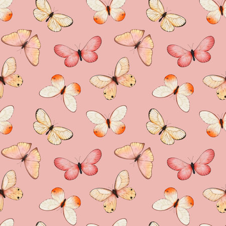 Watercolor tropic exotic butterfly seamless pattern. Spring background with butterfy for textile, wallpaper, greeting cardsの写真素材