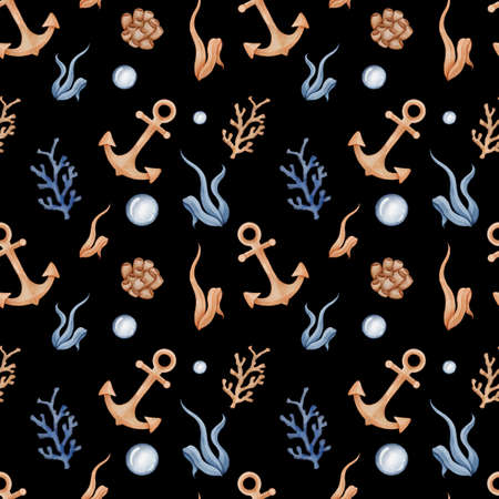 Seamless watercolor pattern with anchor, algae, coral and bubble. Childish cartoon underwater summer backgroundの写真素材