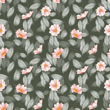 Seamless watercolor floral pattern, leaves, pink flowers and branches background for textile, packaging, wallpaperの写真素材