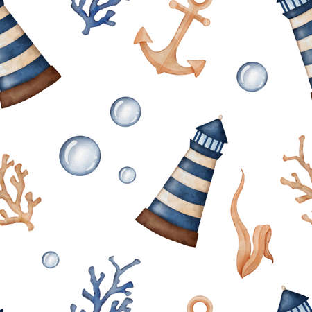 Seamless watercolor pattern with anchor, algae, coral and lighthouse. childish cartoon underwater summer backgroundの写真素材