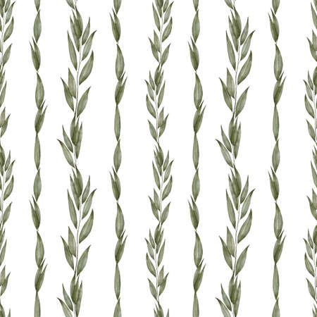 Seamless watercolor floral pattern, leaves and branches background for textile, packaging, wallpaper, greeting cardsの写真素材