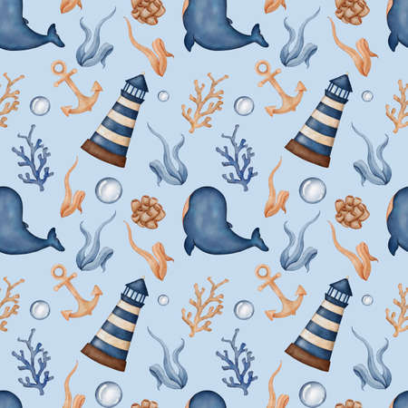 Seamless watercolor pattern with whale, anchor, algae, coral and lighthouse. Childish cartoon whale, underwater life backgroundの写真素材