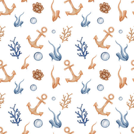 Seamless watercolor pattern with anchor, algae, coral and bubble. Childish cartoon underwater summer...