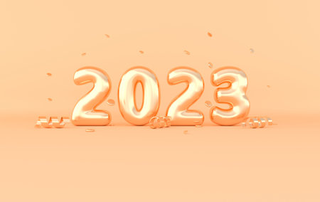 2023 Happy New Year numerals. Golden digits and confetti for xmas celebration. Golden 2023 on white background, 3d renderingの写真素材