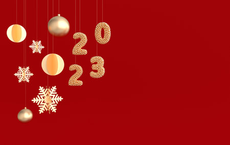 2023 Happy New Year numerals. Golden digits xmas ball, snowflake decorations for Christmas...