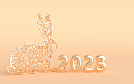Rabbit zodiac sign and 2023 numerals on beige background. Asian ornate golden rabbit. Happy Chinese New Year 2023. 3d renderingの写真素材