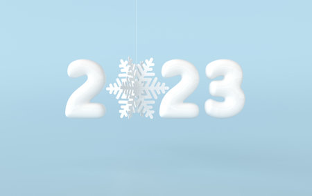 2023 Happy New Year numerals. White digits and snowflake for Christmas celebration. 2023 on blue...
