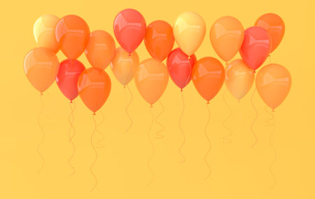 3d render illustration of realistic yellow, red and orange balloons. Empty space for party, promotion social media banners, posters.の写真素材
