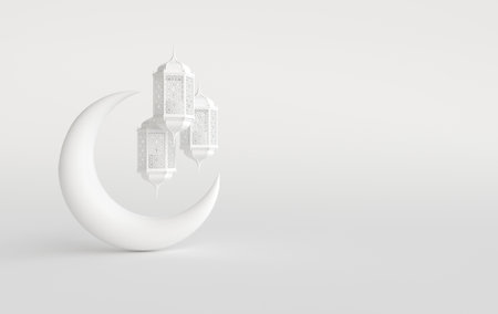 White lantern and crescent moon on white background for muslim holiday Ramadan Kareem. traditional religious islamic symbolの写真素材