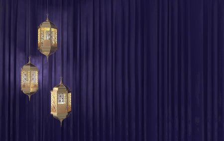 Golden lantern with candle, lamp with arabic decoration, purple curtains. Concept for islamic celebration day ramadan kareem or eid al fitr adha. 3d renderingの写真素材