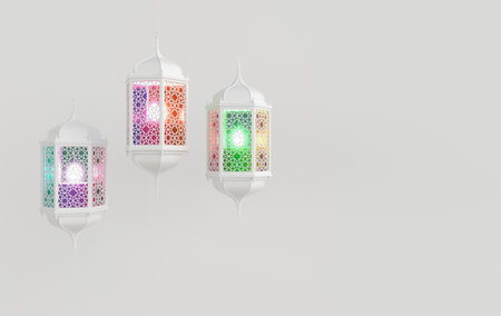 White lantern with candle and colorful glass, lamp with arabic decoration. Concept for islamic...