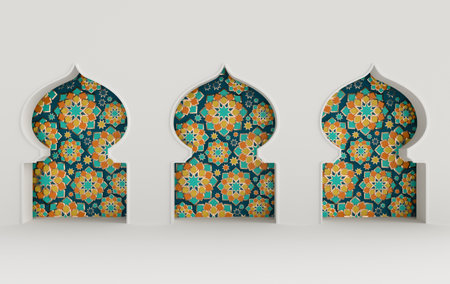 3d render mosque element in ornate arabic, Islamic architecture style interior. Colorful stars...