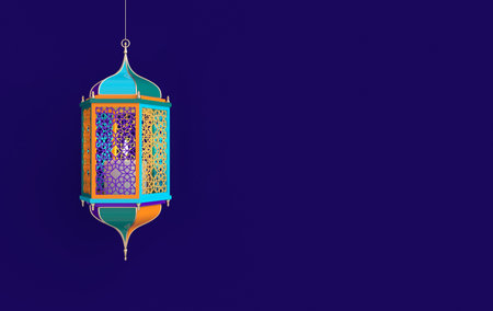 Colorful lantern with candle, lamp with arabic decoration, arabesque design. Concept for islamic celebration day ramadan kareem or eid al fitr adha. 3d rendering illustrationの写真素材