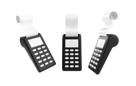 3D rendering payment terminal isolated on white. POS terminal with check. Financial transactions and...