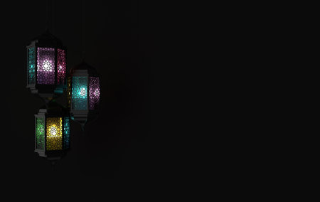 Black lantern with candle and colorful glass, lamp with arabic decoration. Concept for islamic celebration day ramadan kareem or eid al fitr adha. 3d renderingの写真素材