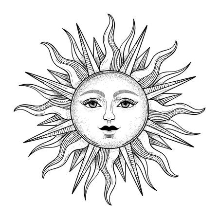 Vector vintage sun with a face, engraving style, esoteric and occult magic signs isolated on white backgroundのイラスト素材