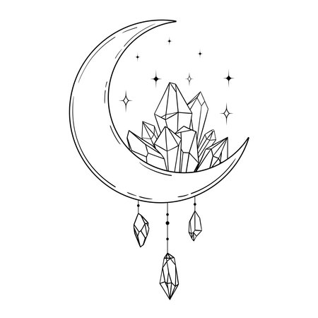 Vector line art mystical celestial magic witchcraft elements. Esoteric crescent moon, crystals stars, line art.のイラスト素材