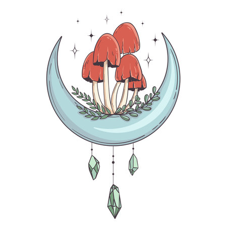 Vector line art mystical celestial magic witchcraft elements. Esoteric crescent moon, mushrooms, crystal, stars, leaves, line art.のイラスト素材