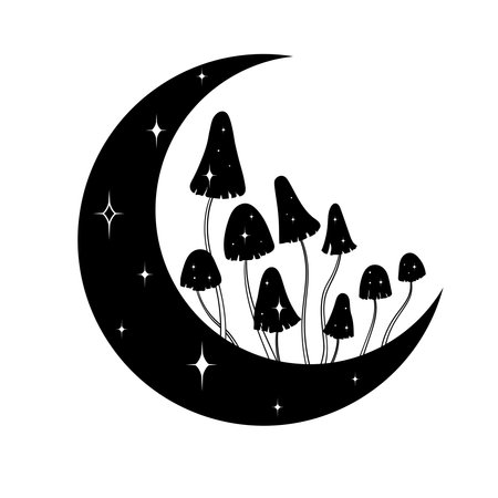 Vector line art mystical celestial magic witchcraft elements. Esoteric crescent moon, mushrooms, stars, leaves, line art.のイラスト素材