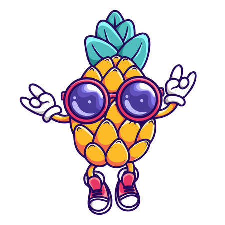 Pineapple in sunglasses and sneakers, fingers with rock sign. Vector illustration, summer vacation and party symbol isolated on whiteのイラスト素材