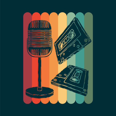 Vector retro mic. and audio cassette. Vintage karaoke, radio microphone, podcast station. hand drawn music posterのイラスト素材