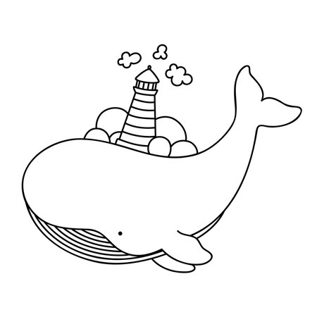 Cute cartoon whale with lighthouse, trees and clouds. marine animalのイラスト素材