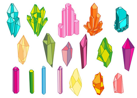 Set of geometric colorful crystals Vector illustration isolated on white background. Alternative medicine, magic, crystal healing, astrologyのイラスト素材