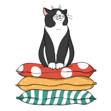 Cute cartoon domestic cat sitting on a pile of pillows. Isolated on white vector illustration. Animal nature icon, flatのイラスト素材